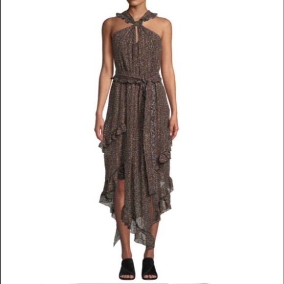 Maxi Dress by Derek Lam Asymmetrical Floral Ruffle Halter, Flowy Size 4 Black - Picture 1 of 12